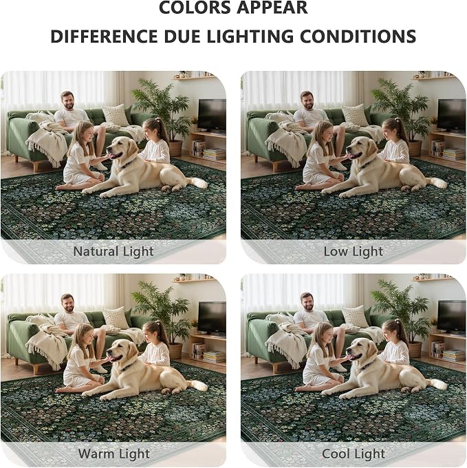 6x9 Area Rugs, Washable Floral Rugs for Living Room, Indoor Area Rug for Bedroom, Dining Room, Low Pile Non-Slip Non Shedding Rug(Dark Green Floral)
