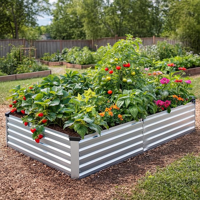 2 Pack 8x4x1FT Galvanized Metal Raised Garden Bed Kit for Vegetables, Herbs, Open-Bottom Large Capacity Outdoor Planter Box Gardening Stakes, Silver