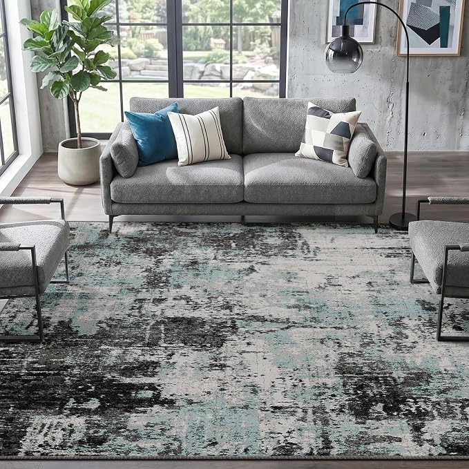 RELEANY Washable 8'x10' Abstract Area Rug for Living Room Teal Black | Carpet for Bedroom, Kitchen, Office, Hallway and Entryway, Printed Pattern, Non‑Slip, Soft, Stain‑Resistant, Easy to Clean