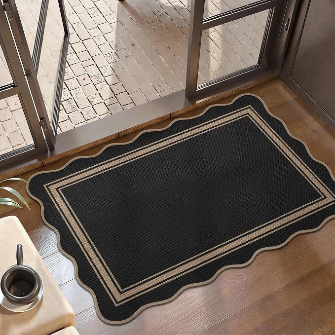 Easy Jute Kitchen Rug 2x3 Front Door Mat Washable Non Slip Entryway Rug Farmhouse Neutral Low Pile Black Scalloped Rugs for Entryway Proch Doorway