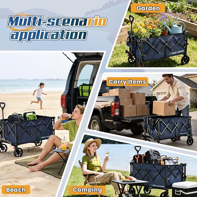 Wagons Carts Foldable,Collapsible Wagon with Wheels,450LBS Heavy Duty Beach Wagon Cart,Lightweight Portable Folding Utility Wagon Cart with Cup Holders for Camping, Garden, Sports, Grocery pcs (Blue)