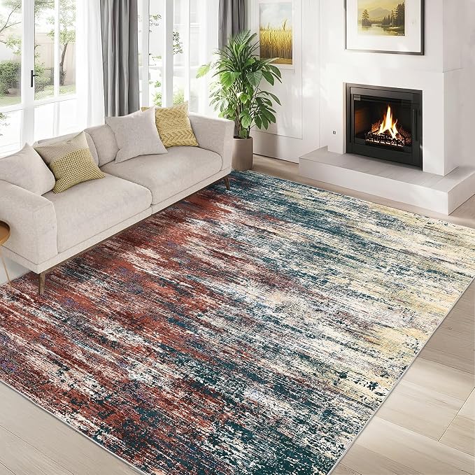 ROYHOME Washable Rug 9x12 Area Rug for Living Room, Red/Multi | Non Slip Abstract Rug for Bedroom, Ultra Soft Area Rug, Low Pile Soft Contemporary Indoor Floor Carpet Cover