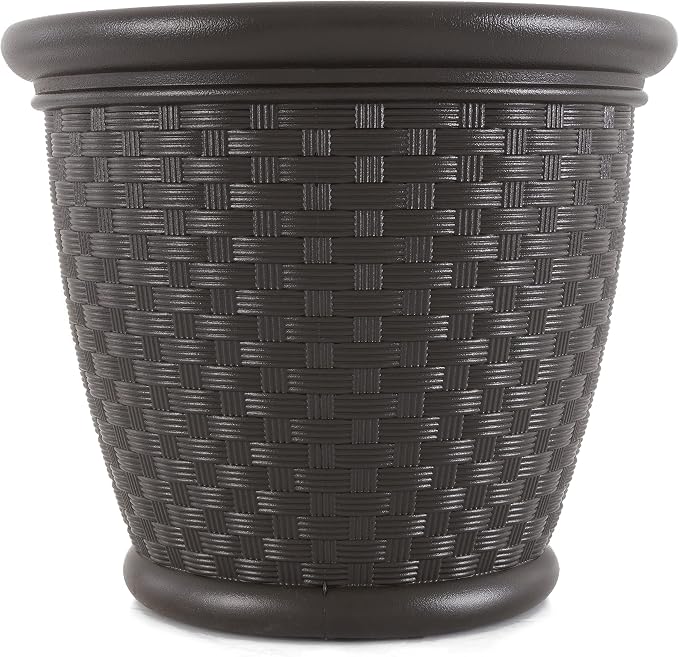 Suncast 4 Pack Sonora 18 Inch Lightweight Durable Plastic Wicker Decorative Flower Planter Pot for Yard, Garden, Indoor or Outdoor Use, Brown