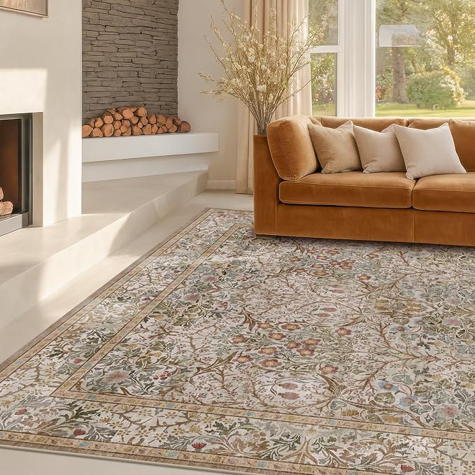 Vintage Moss Green Living Room Rug, Neutral Taupe 8x10 Washable Area Rugs for Bedroom, Dining Room Rugs Under Kitchen Table, Oriental Non-Slip Low Pile Stain Resistant Large Rug