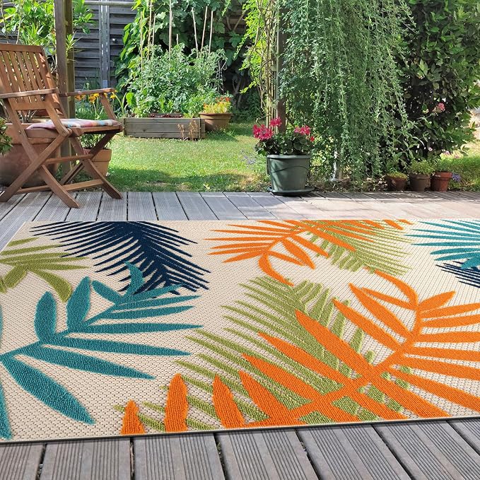 Rugshop Evora Palm Frond Non-Shedding Easy Cleaning Patio Deck Backyard Indoor/Outdoor Area Rug 4' X 6' Multi