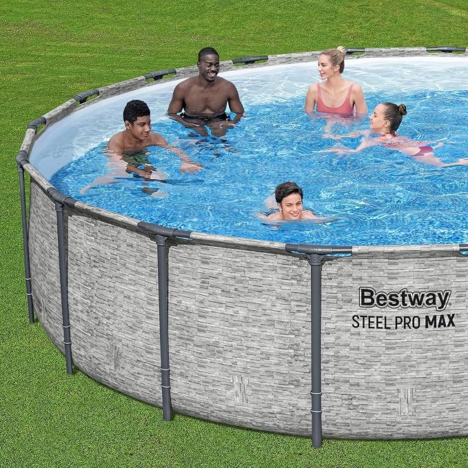 Bestway Steel Pro MAX 18' x 48" Above Ground Swimming Pool Set with Pump | Durable Round Metal Frame Outdoor Backyard Pool, Puncture-Resistant Liner - Ladder and Cover Included, Stacked Stone Print