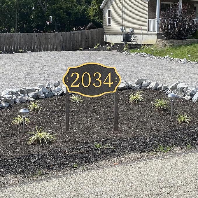 Personalized Address Sign Lawn Mounted - Custom House Number Signs with Metal Stakes for Outside Lawn, House, Yard, Ground, Drive Way, Garden, Free Standing in(Golden)