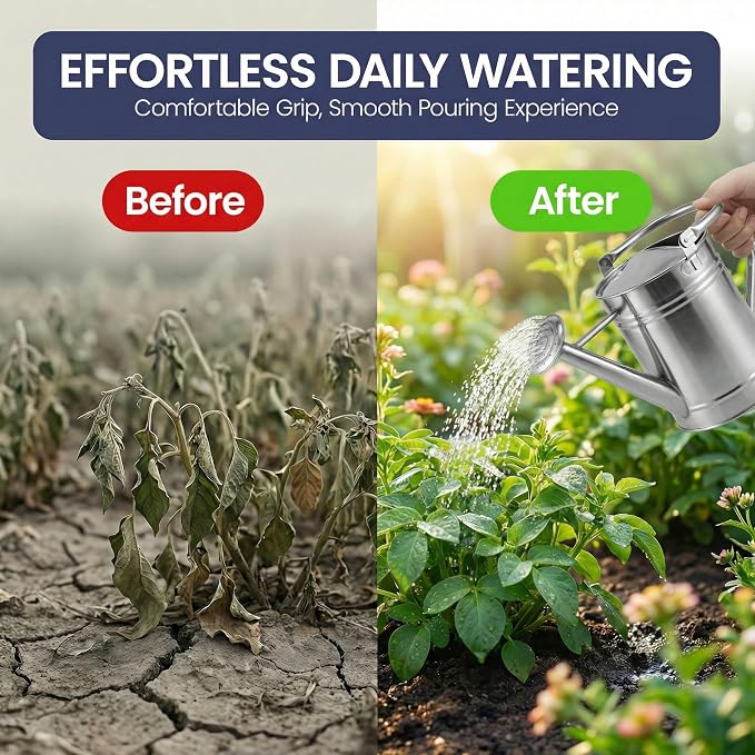 Gardenised 1 Gallon Galvanized Metal Watering Can with Removable Long Spout & Sprinkler Head for Indoor & Outdoor Use Ideal for Garden Flowers Plants Houseplants Modern Home Accessories, Silver- Tone