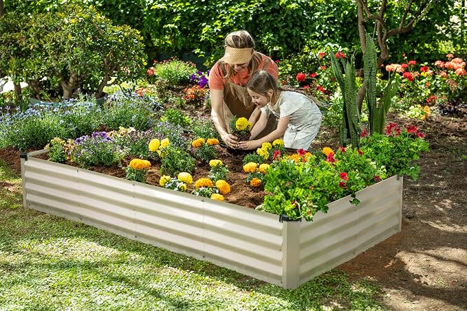 Plant & Plot Galvanized Raised Garden Beds Outdoor // 6×3×1 ft Planter Raised Beds for Gardening, Vegetables, Flowers // Large Metal Garden Box (White) // Patented Tool-Free Design