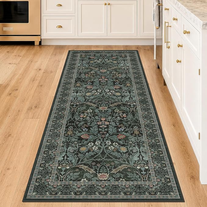Dusty Teal 2x6 Washable Runner Rug Non Slip - Bathroom Kitchen Runner 6ft - Floral Soft Thin Rug Non Skid for Bath Entryway Hallway, Vintage Low Pile Stain Resistant Floor Carpet(Dark Green)