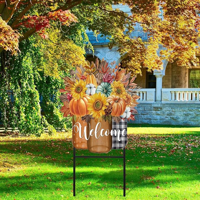 Amyhill Fall Outdoor Decor Metal Garden Stakes 25 Inch Autumn Welcome Yard Signs Fall Decorations Outdoor Pumpkin Decorative Garden Stakes Decorations Thanksgiving Autumn Harvest Patio Lawn Walkway