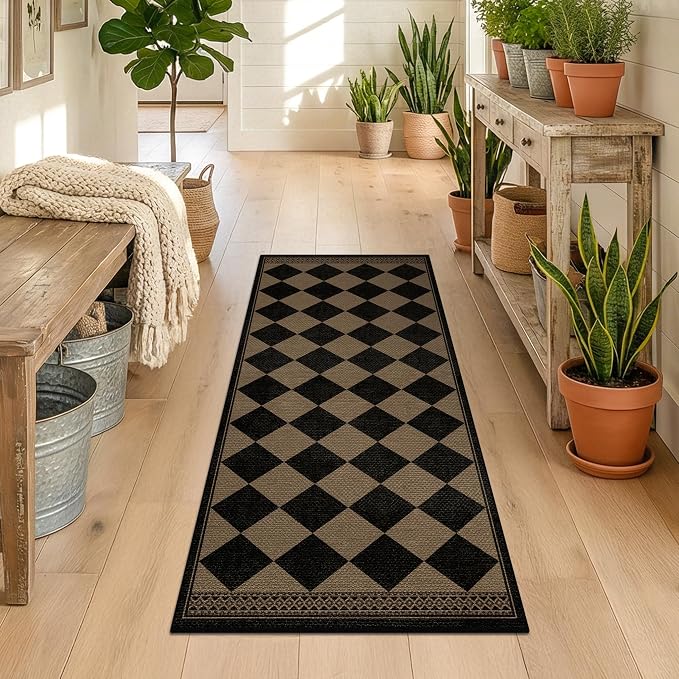Brown and Black Easy Jute Runner Rug 2x5 for Laundry Room, Non Skid Washable Checkered Entryway Runner Rug, Boho Low Pile Diamond Carpet for Kitchen, Bathroom, Scandinavian Minimalist Style