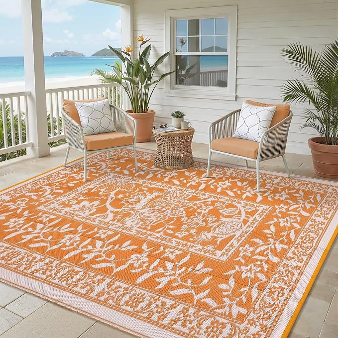 Garvee Outdoor Rug 9x12, Waterproof Reversible Foldable Plastic Straw Rug, Botanical cottagecore Outdoor Rugs Patio Camping RV Carpet for Deck Camper Porch Balcony Backyard Picnic Beach Orange