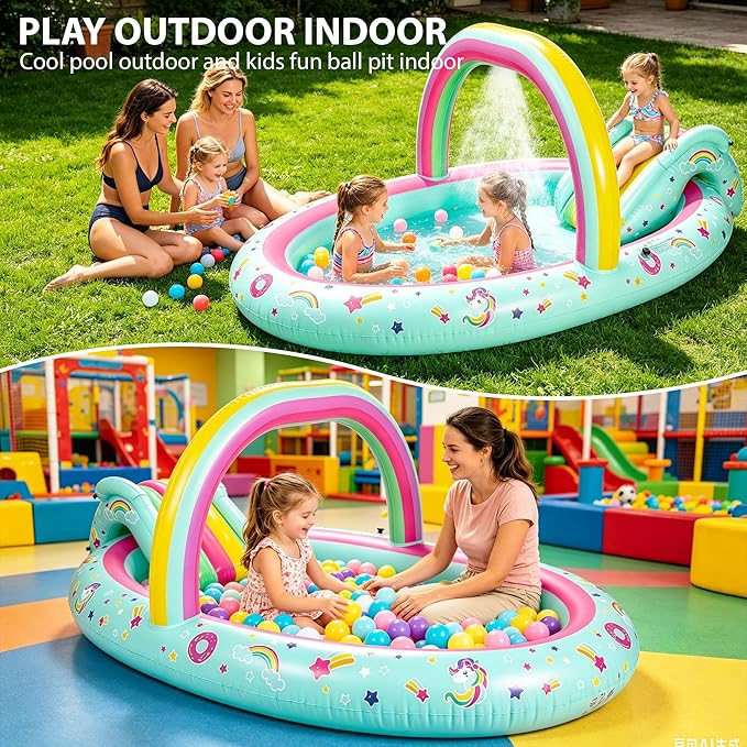 SULIFEEL Rainbow Unicorn Inflatable Play Center Kiddie Pool with Slide and Sprinkler for Children, 96''x59''x39'' Baby Pool for Backyard and Garden