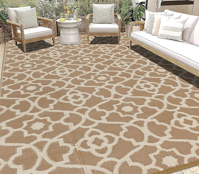 HEBE Outdoor Rug Waterproof 9x12, Reversible Plastic Straw Rug RV Camping Rug, Indoor Outdoor Patio Mat Clearance, Outside Carpet for Porch,Deck,Camper,Balcony,Backyard,Picnic