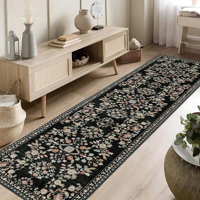 Washable Runner Rug 2x8 Area Rugs Non Slip Ultra-Thin Floral | Boho Long Throw Carpet Runner for Kitchen Bathroom Hallway Bedroom Entryway Laundry Floor Indoor Low Pile Boho Vintage Black