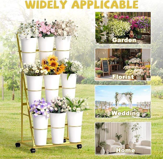 Invech Flower Display Stand with 9 Buckets, 3 Tier Flower Cart Display Stand and Wheels for Indoor Outdoor Garden, Wedding, Flower Shop (Gold)