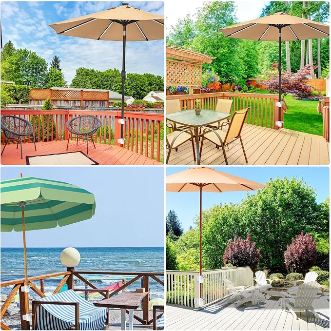 Heavy Duty Deck Railing Umbrella Holder, Patio Umbrella Stand for 1-2 Inch Poles, Space-Saving Design, Secure & Sturdy Corner Mount for Deck Railing, Balcony, Outdoor Courtyard, White