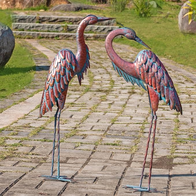 Kircust Outdoor Metal Crane Statues, Heron Sculptures for Garden Yard | Bronze 27.56" Tall, Set of 2 Heron Sculptures, Weatherproof, Patio Decor, Art
