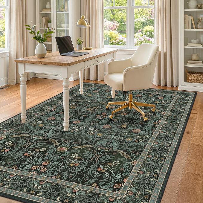 Dark Green 5x8 Dining Room Rug, Floral Washable Soft Non Slip Area Rugs for Living Room Bedroom Home Office Classroom, Vintage Indoor Décor, Botanical Pattern (Olive Green)