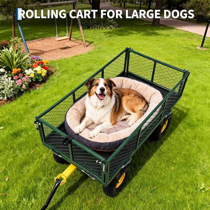 Garvee 900 LB Garden Cart, Heavy Duty Metal Utility Garden Wagon, Green | 13 in All Terrain Tires, 4-in-1 Yard Wagon Cart with Removable Side Panels for Outdoor Lawn, Yard, Backyard