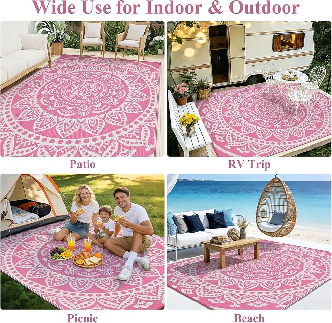 Bsmathom Waterproof Outdoor Rug 8'x10' Reversible Boho Plastic Straw Patio Deck Camping Rugs, Indoor Outdoor Portable RV Mat Clearance Carpet for Outside, Porch, Balcony, Backyard, Beach, Pool,Pink