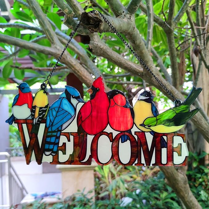 JOYBEE Birds On Branch Stained Glass Suncatcher Cardinal Hummingbird Kingfisher Double Side Glass Panel Window Hanging Decor Bird Ornament Bird Lover Gift for Mom Grandma