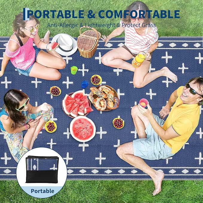 Waterproof Outdoor Rug 8x10, Modern Reversible Plastic Straw Patio Camping Rugs, Outdoor Indoor RV Mat Carpet for Patio, Outside Entry, Backyard, Deck, Bench, Picnic, Camper,Navy/Blue