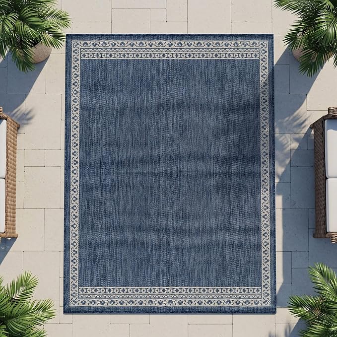Washable Outdoor Rug 8x10 Modern Area Rugs Outdoor Carpets Bordered Pattern Non Shedding Waterproof Easy Clean Patio Deck Porch Living Room Bedroom Garden RV (8 X 10 Blue)