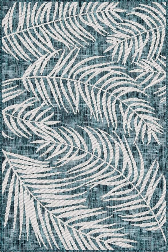 Unique Loom Outdoor Botanical Collection Area Rug - Palm (4' 1" x 6' 1" Rectangle, Teal/ Ivory)