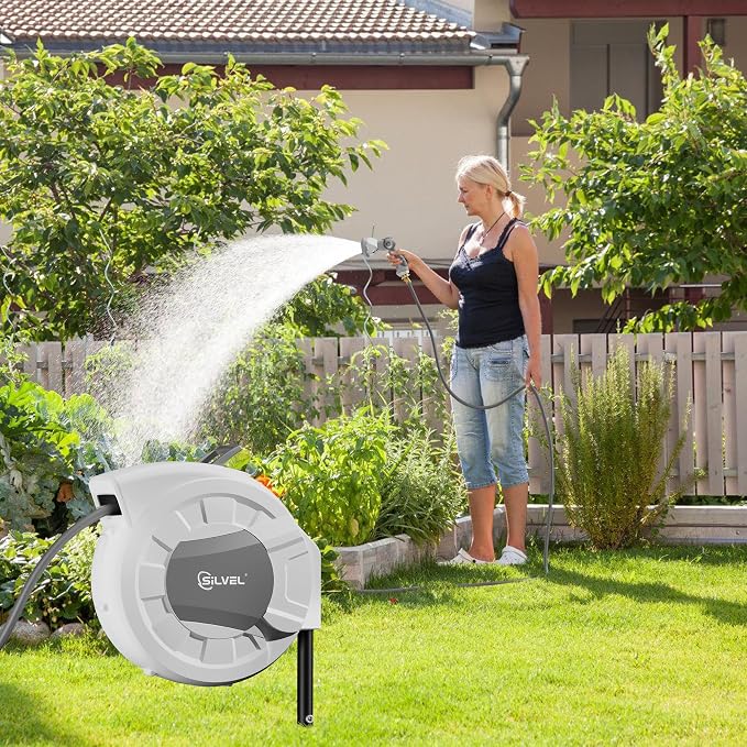 SILVEL Automatic Retractable Garden Hose Reel on Metal Spike, 1/2 in x 90FT Ground Mounted Outside, UV Resistant with 10 Pattern Nozzle, 360° Swivel, No Holes in Your House, Easy Installation