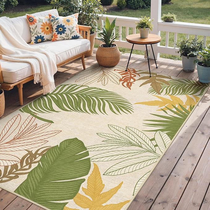 GENIMO Outdoor & Indoor Area Rug 4'x6', Waterproof, Non-Shedding, Easy Cleaning, Leaf Mat for Patio, Living Room, Balcony, Dining Room, RV, Deck, Bedroom, Camping, Outside Carpet, Olive Mustard