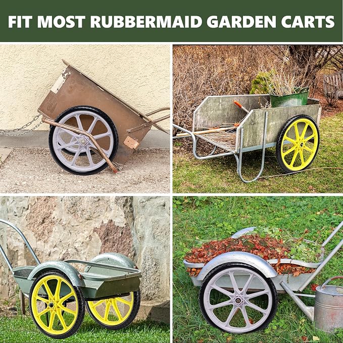 20"" Flat Free Tire and Wheel with 3/4"" & 5/8"" Bearing, Replacement Wheels for Rubbermaid Wheelbarrow,Lawn Carts, Big Wheel Utility Carts and Garden Yard Cart, 2 Pcs Yellow