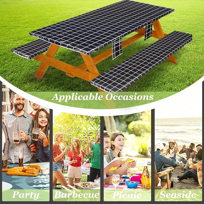 Wrakus Picnic Table Cover with Bench Covers Vinyl Elastic Edges Fitted Rectangle Seat Tables Waterproof 3-Piece72X30in Set Outdoor Rectangular Folding Backing Tablecloth for Camping Over Size