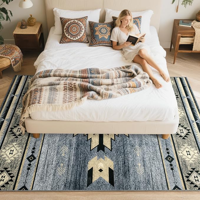 BENRON Western Rugs for Living Room Bedroom 5x7, Non Slip Washable, Grey | Southwest aztec Area Rugs for Dining Table Kitchen Home Decor, Geometric