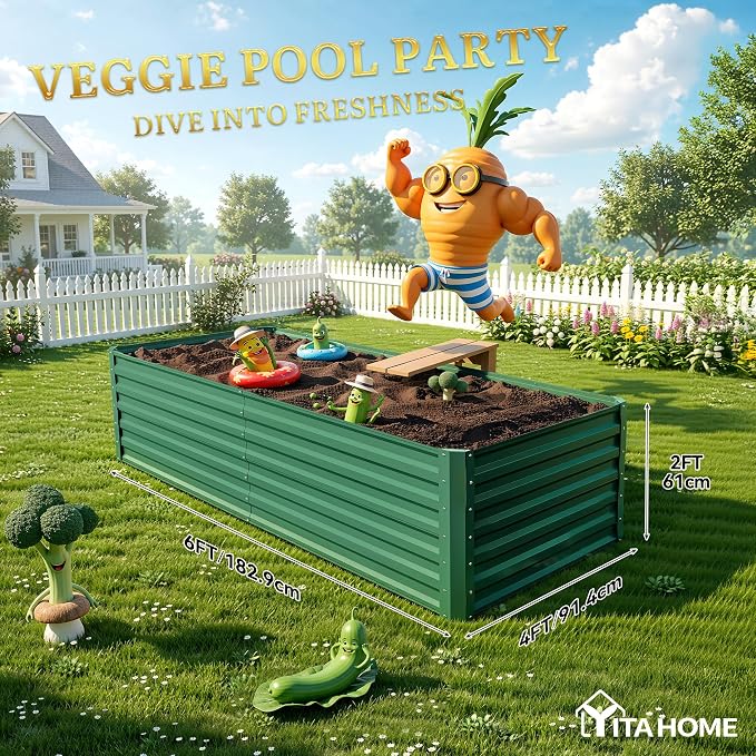 YITAHOME 6x3x2 ft 2pcs Galvanized Raised Garden Bed Kit, Large Metal Planter Box with Gloves & Support Rod, Outdoor Flower Bed for Plants Vegetables, Green