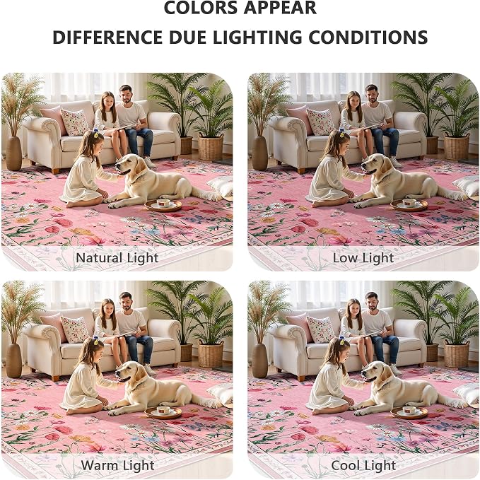 5x7 Area Rugs, Rugs for Bedroom, Indoor Non-Slip Washable Rug for Living Room, Dining Room, Low Pile Home Decor Floral Rug(Pink)
