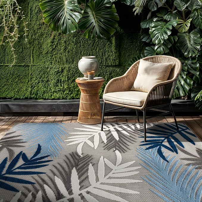 Rugshop Blue Palm Frond Indoor/Outdoor Area Rug Easy Cleaning for Patio, Deck and Balcony, 4' x 6'