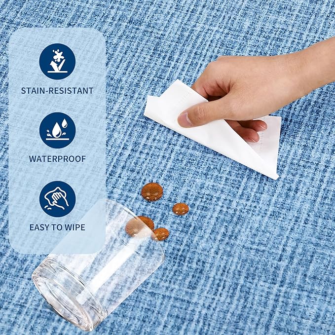 GarveeHome Scalloped 8x10 Rug for Living Room Washable Non-Slip Solid Blue Modern Minimalism Low-Pile Carpet 8 x 10 Rug for Bedroom Dining Nursery Mat with Rubber Back