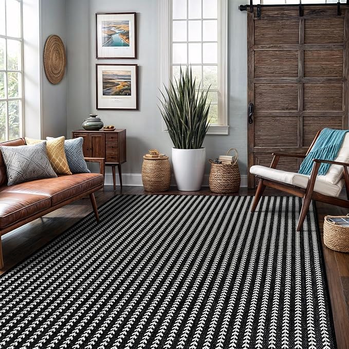 Washable Outdoor Rug 6x9 Modern Area Rugs Outdoor Carpets Striped Pattern Non Shedding Waterproof Easy Clean Patio Deck Porch Living Room Bedroom Garden RV (6 X 9 Black)