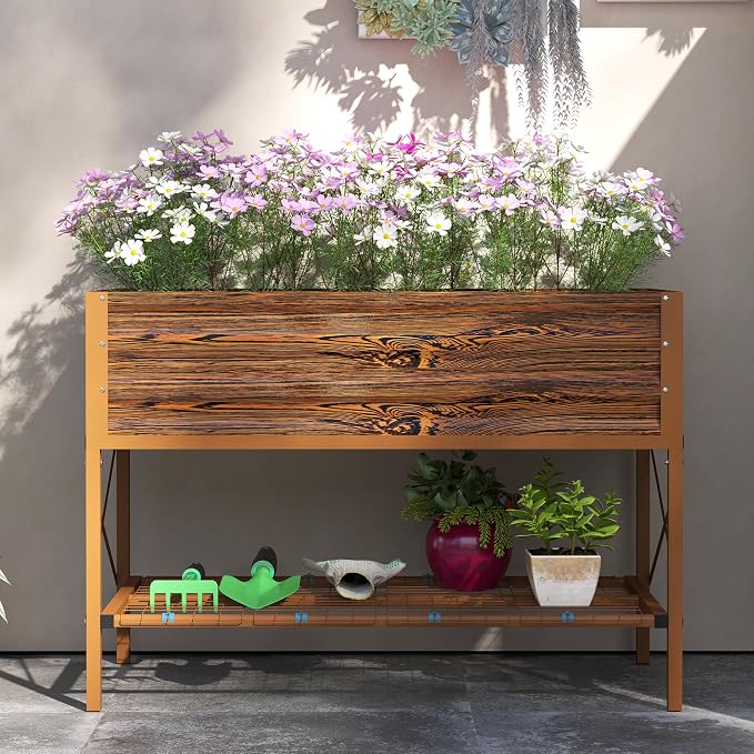 Outsunny Raised Garden Bed with Galvanized Steel Frame, Storage Shelf and Bed Liner, Elevated Planter Box with Legs for Vegetables, Flowers, Herbs, Dark Brown