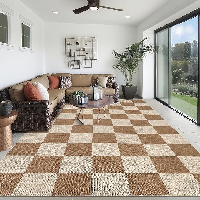 Garvee 8x10 Rugs for Living Room Easy Jute Modern Checkered Rug, Brown | Bedroom Washable Rugs Stain Resistant Easy Cleaning Non Slip Floor Cover for Dining Room Office Nursery