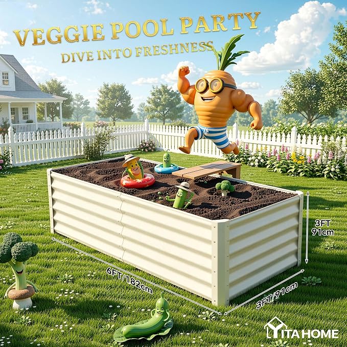 YITAHOME 6x3x3ft Galvanized Raised Garden Bed, Metal Planter Box with Safety Rubber, Gloves, Outdoor Flower Bed for Planting Plants Vegetables, Cream Yellow