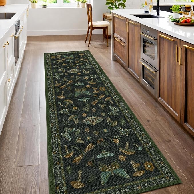 ROYHOME Mushroom Insect 2x6 Kitchen Runner Rug for Hallways Dark Green | Entryway Bedroom Bathroom Washable Bug Moth Cute Funky Cottage Core Whimsical Boy Rugs Low-Pile Non-Slip TPE Backing