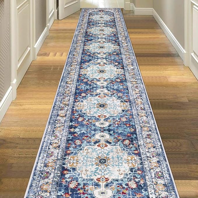 U'Artlines 2.6'x20' Boho Hallway Runner Rug Non Slip Washable Runners,Blue | Vintage Farmhouse Kitchen Rug, Extra Long, Accent Area Carpet for Entryway Laundry and Living Room