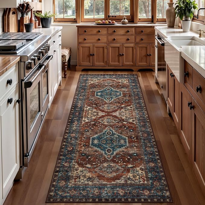 Tangsoo Vintage 2x5 Washable Runner Rug for Hallways, Non Slip Runner Rug | Soft Low Pile 2x5 Rug Runner, Print Distressed Carpet Runners for Kitchen Bedroom Entryway Bathroom Living Room Rust/Blue