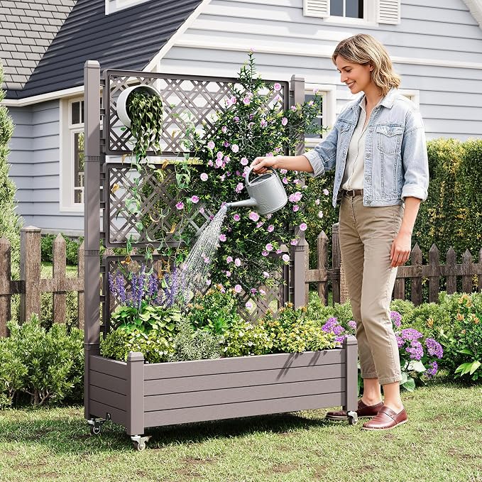 Resin Raised Garden Bed with Trellis and Wheels - Plasitc Planter Box with Trellis Outdoor with Drainage Holes & Water Monitor for Climbing Plants, Flower, Gray(61.2" H)