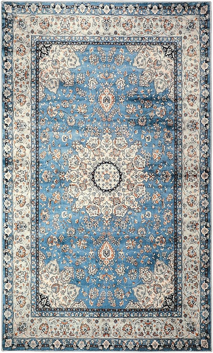 Lahome Felice Oriental Floral Medallion Area Rug - 3x5 Blue Distressed Entry Throw Rug Vintage Faux Wool Indoor Accent Rug Non-Slip Washable Low-Pile Carpet for Entrance Living Dining Room Bedroom