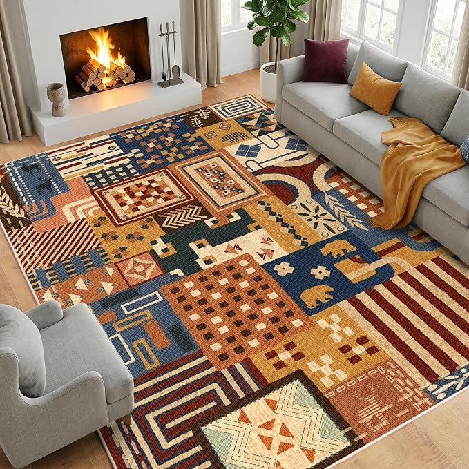 Awaytail Washable 8x10 Area Rug for Living Room, Navy Rust Animal Patchwork | Soft Faux Wool Low-Pile Large Rug with Non-Slip TPR Backing for Living Room, Bedroom, Dining Room and Home Office