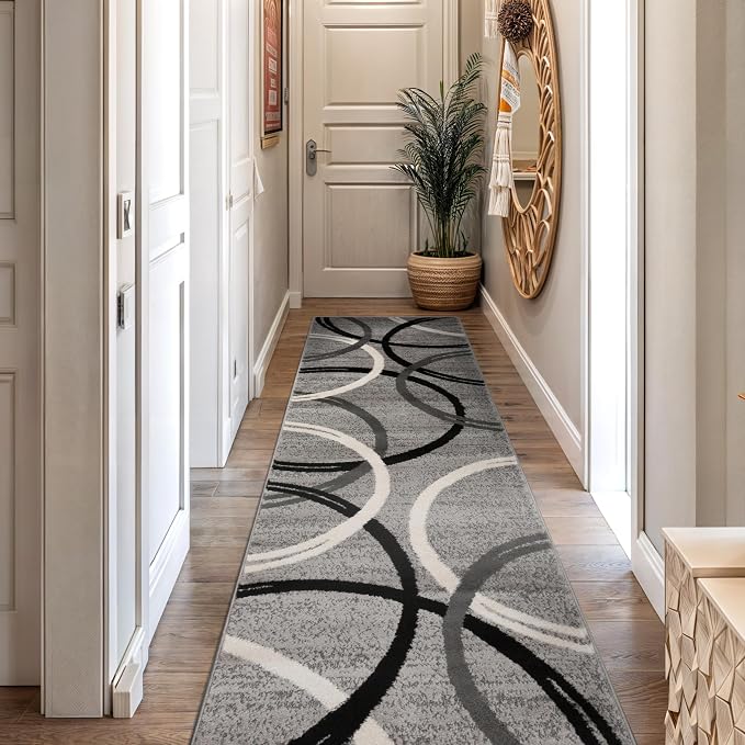 Rugshop Wavy Circles Non-Shedding Living Room Runner Rug Gray 2' x 7'2" | Runner, Size 2' x 7'2", Bedroom, Dining Room, Home Office, Kitchen, Entryway, Hallway, Nursery, Kids Room, Guest Room